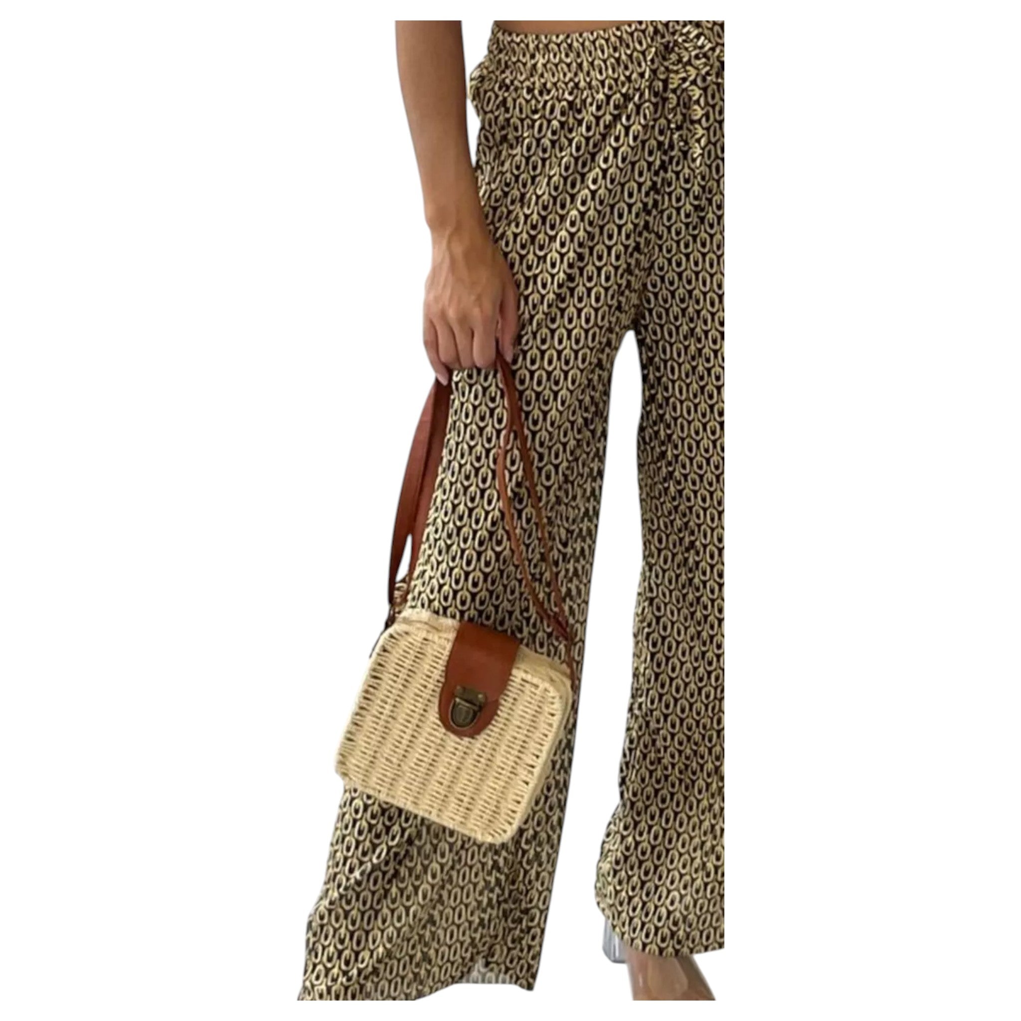 Women's printed wide-leg lounge trousers in yellow – lightweight elastic waist boho pants for casual summer wear